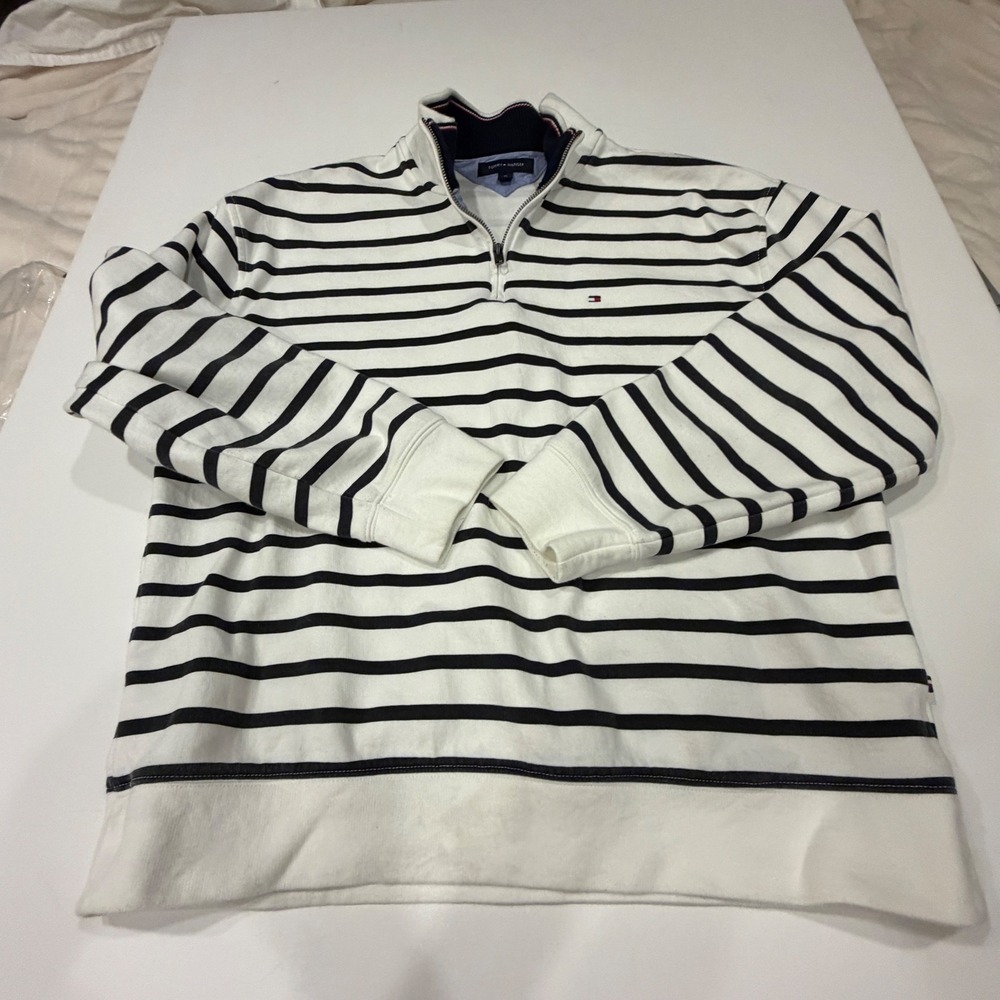 Tommy Hilfiger Mens XL Quarter Zip Pullover Striped Sweatshirt Navy White